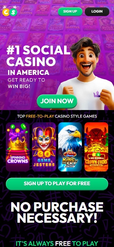 CrownCoisn Casino homepage, as seen on mobile, highlighting game variety
