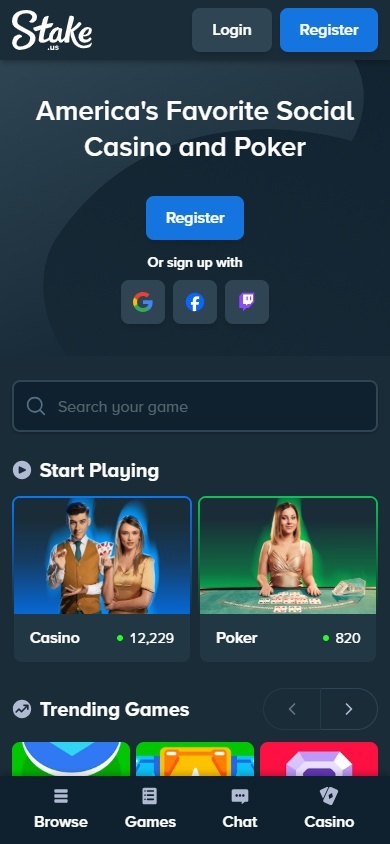 Stake Casino homepage as seen on mobile, showing trending games and a game search bar