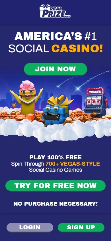 Real Prize casino homepage as seen on mobile, highlighting game variety