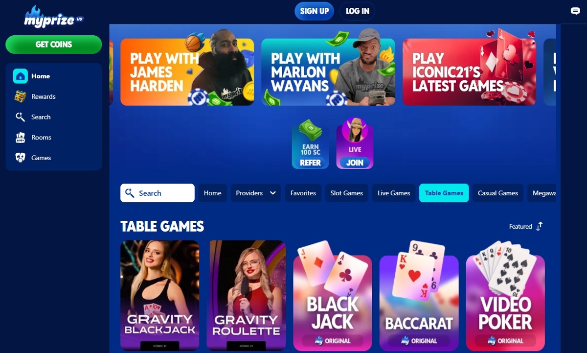 MyPrize Casino table games showing blackjack, roulette, baccarat, and poker