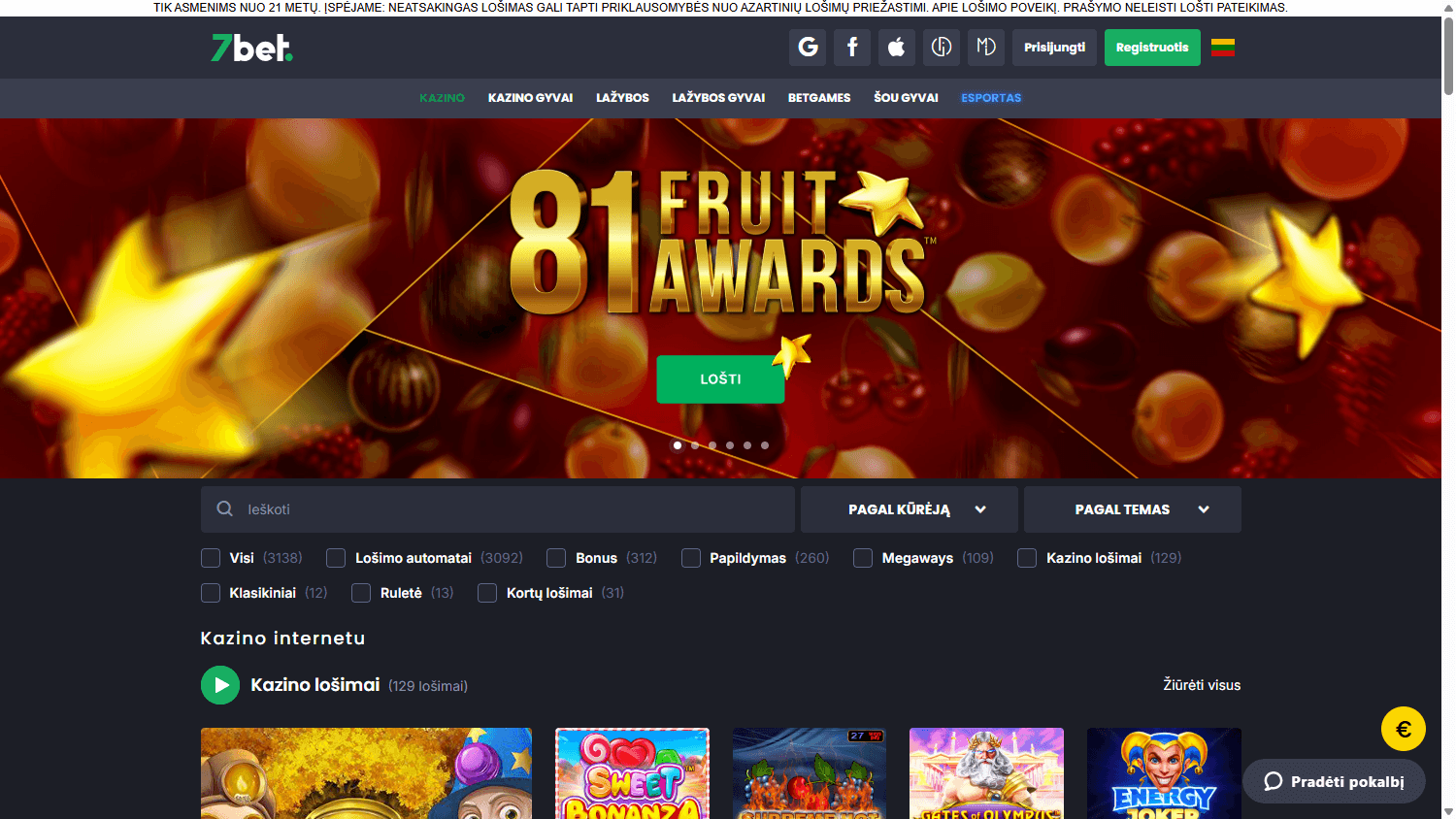 7bet casino lobby website screenshot