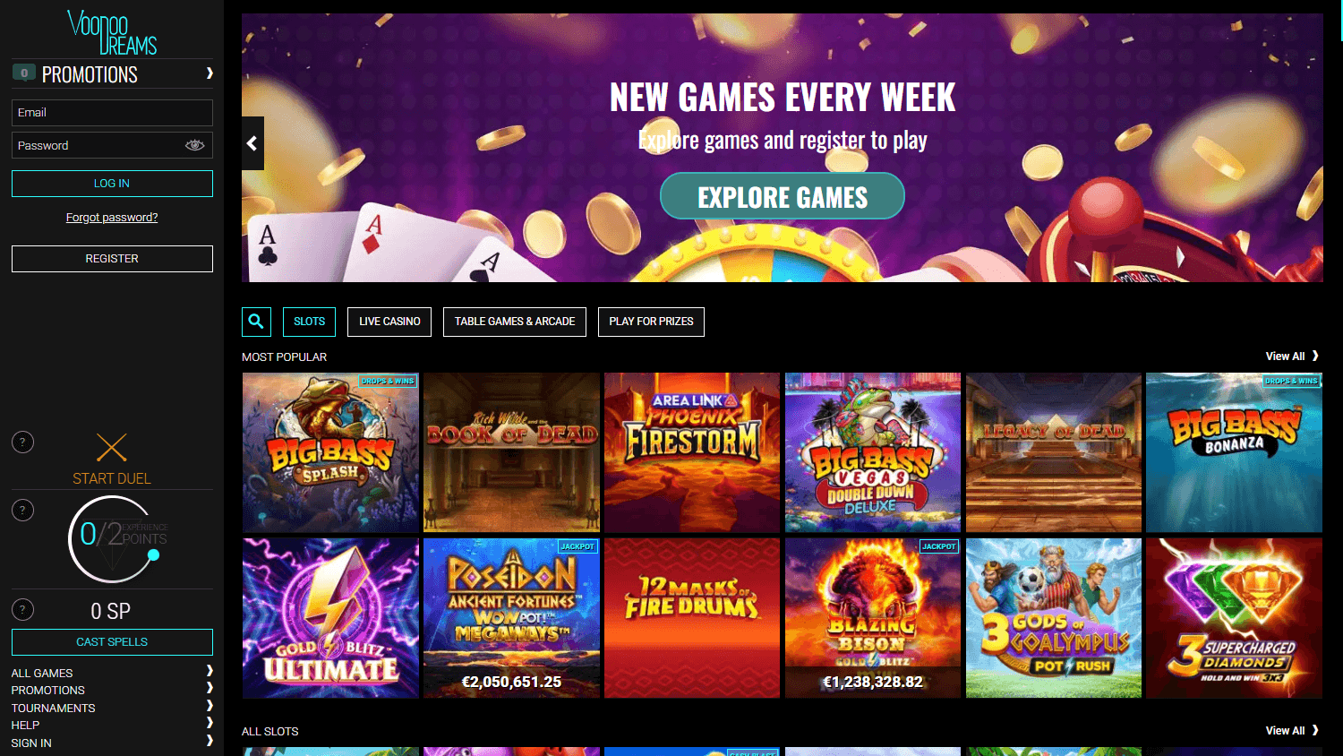 Voodoo Dreams homepage website screenshot