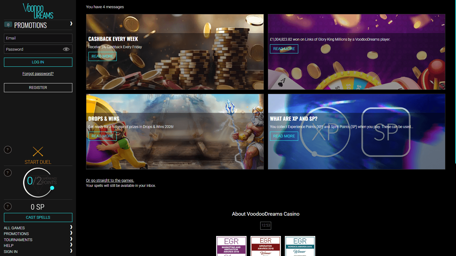 Voodoo Dreams casino lobby website screenshot