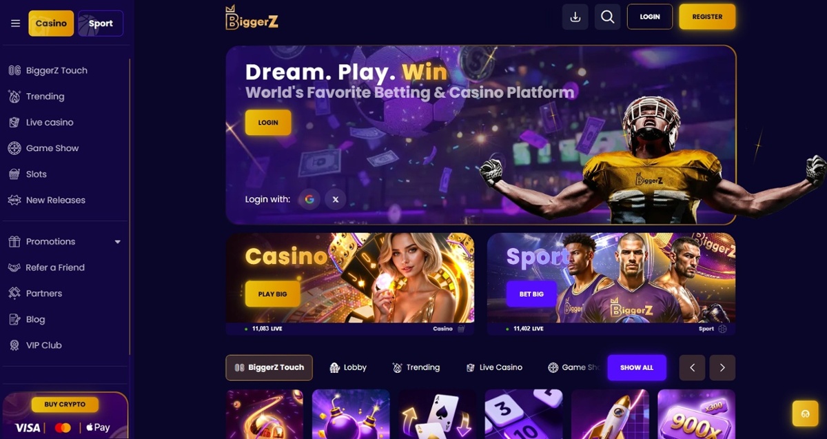 BiggerZ casino homepage showing the casino and sport sections, and exclusive games