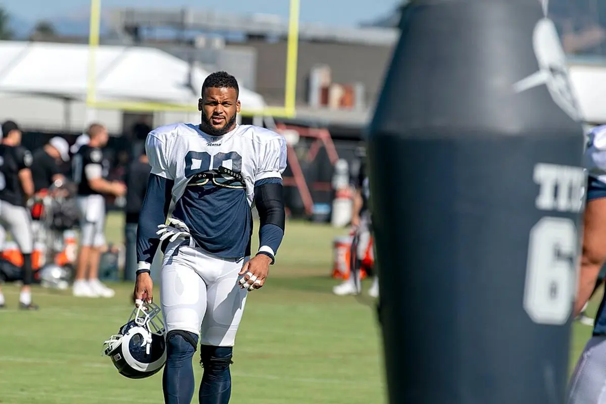 Los Angeles Rams defensive tackle, Aaron Donald, participating in a joint practice with the Oakland Raiders during the 2019 training camp.
