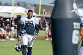 Los Angeles Rams defensive tackle, Aaron Donald, participating in a joint practice with the Oakland Raiders during the 2019 training camp.