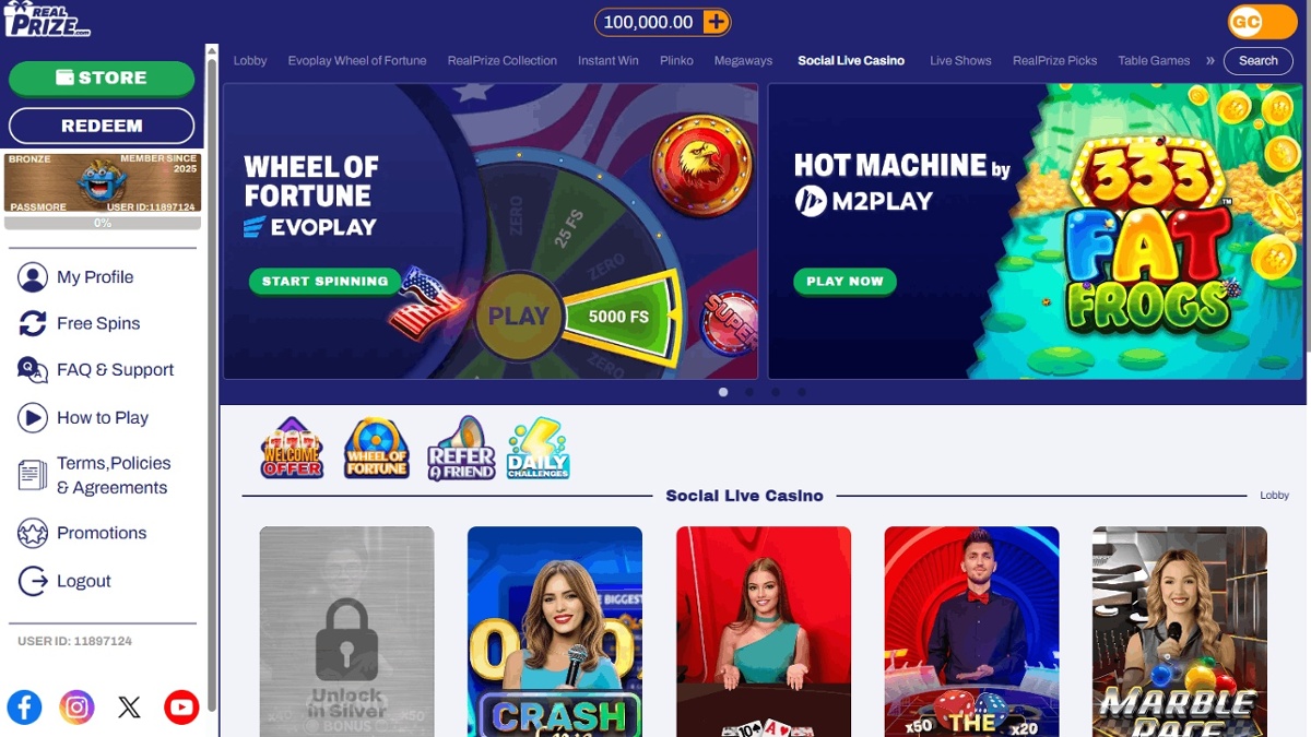 Live game titles seen at Real Prize casino