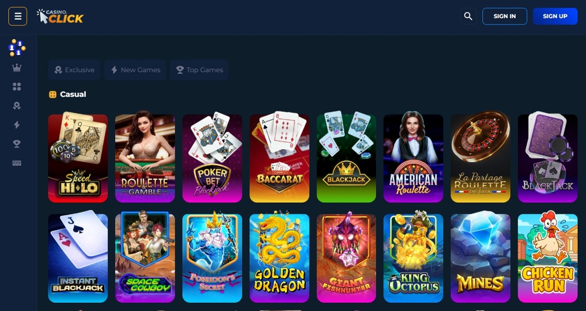Casual games, including blackjack, available at Casino.Click