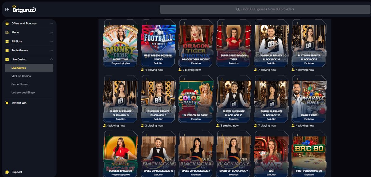 Play live casino games at Bitguruz in Canada
