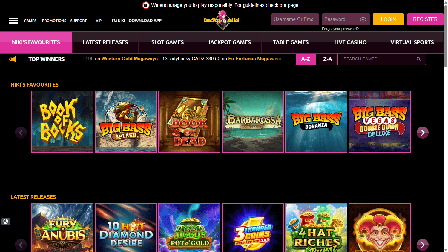 Lucky Niki casino lobby website screenshot