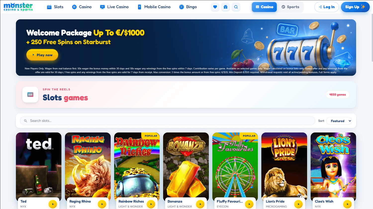 Monster casino lobby website screenshot