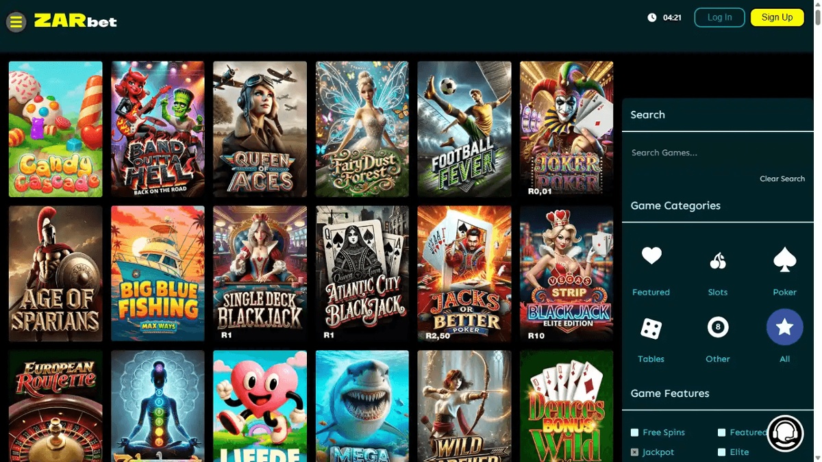 Online game selection at ZARbet Casino in South Africa