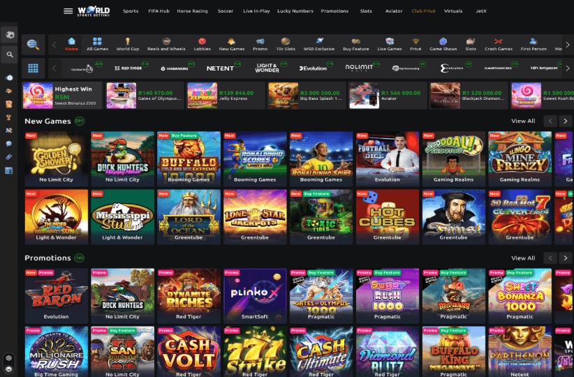 Homepage of the World Sports Betting casino in South Africa