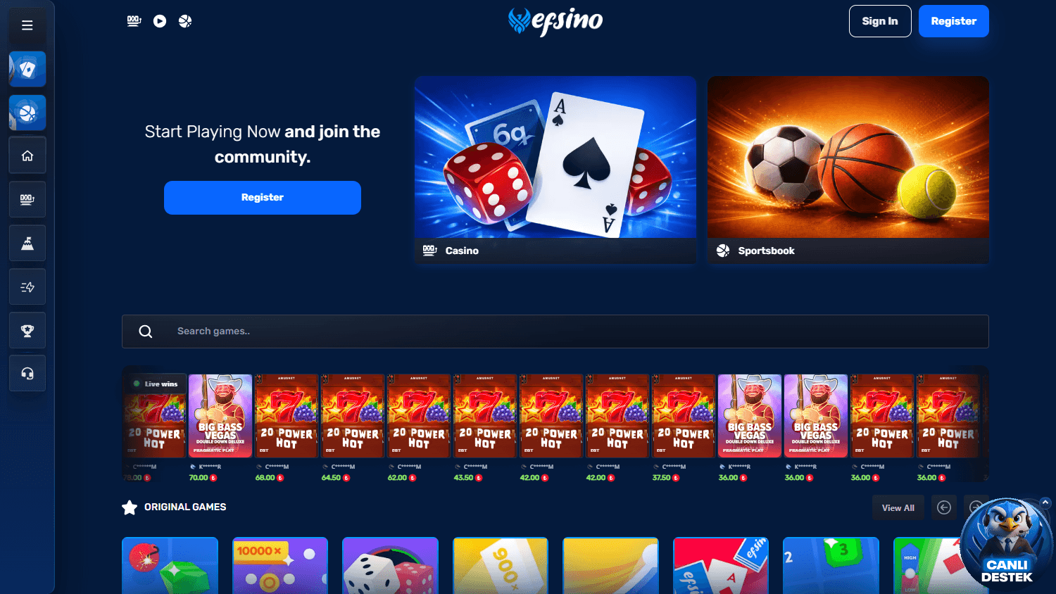 Efsino_Casino_homepage_desktop