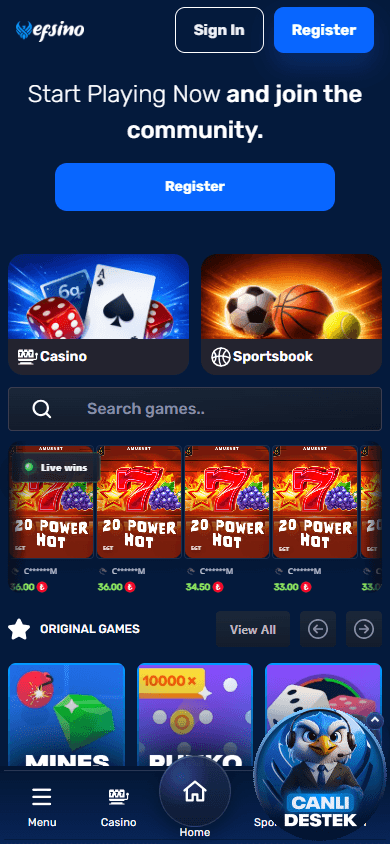 Efsino_Casino_homepage_mobile