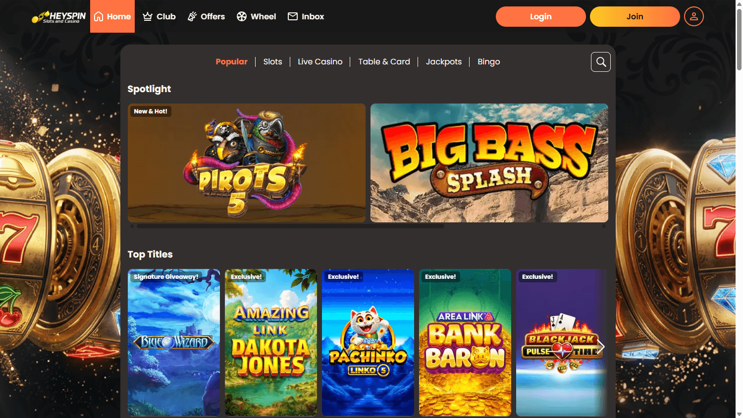 HeySpin casino lobby website screenshot