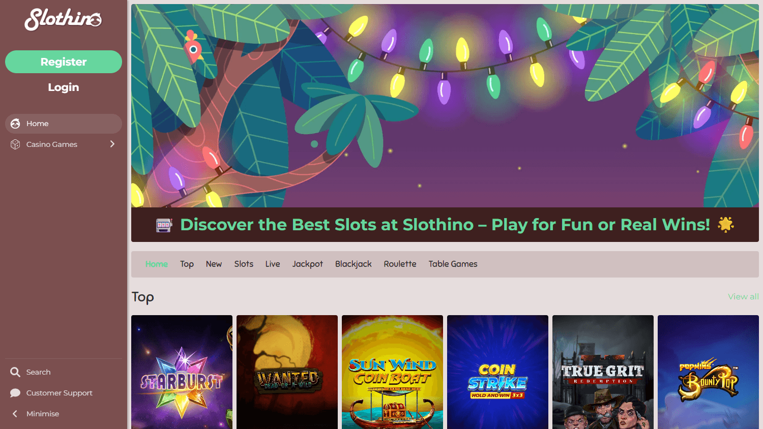 Slothino_Casino_homepage_desktop