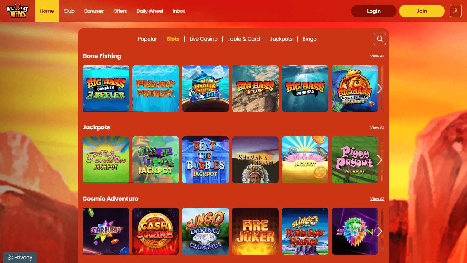Wild West Wins casino lobby website screenshot