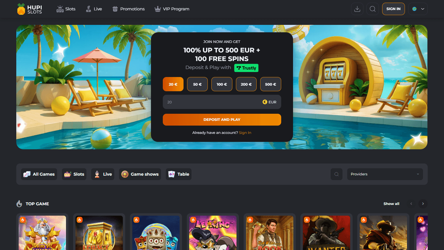 Hupi_Slots_Casino_homepage_desktop