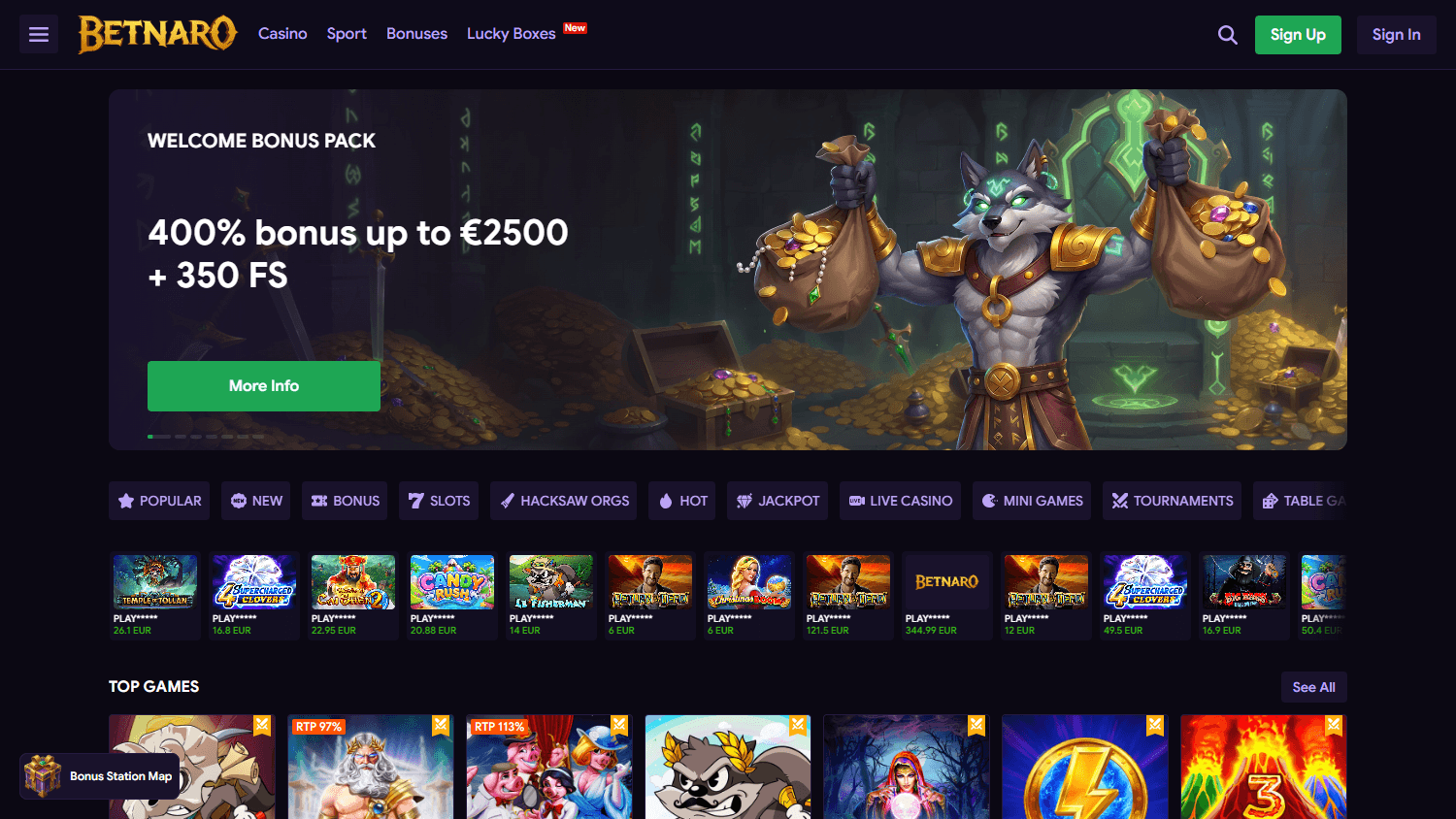 Betnaro_Casino_homepage_desktop