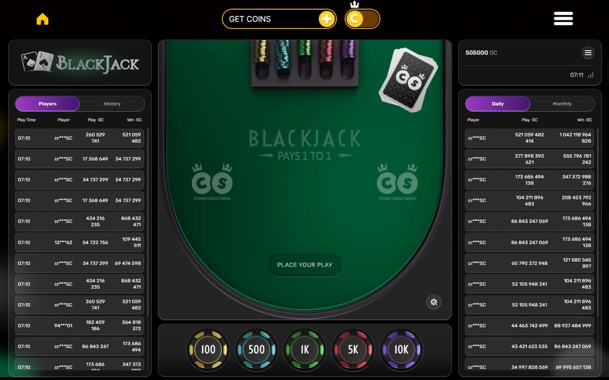 Blackjack game with the table, shoe, chips, and other players