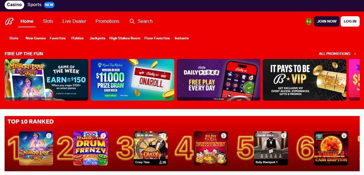 Bally Bet homepage showing promotional banners and top 10 ranked games