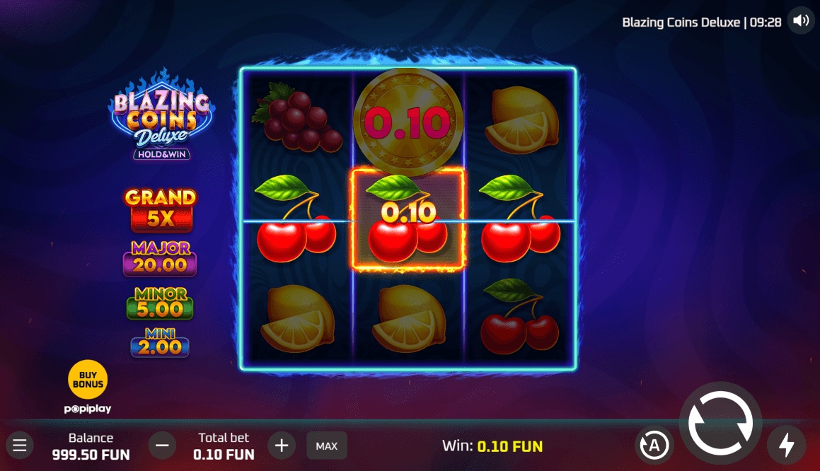 The slot uses a three-by-three grid with five win lines