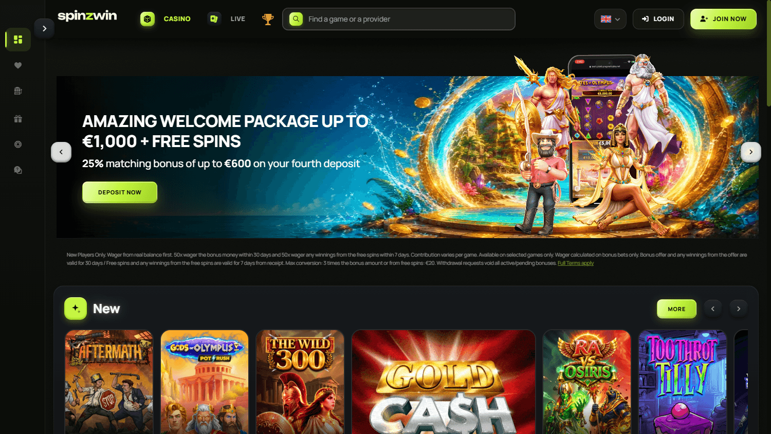 Spinzwin homepage website screenshot