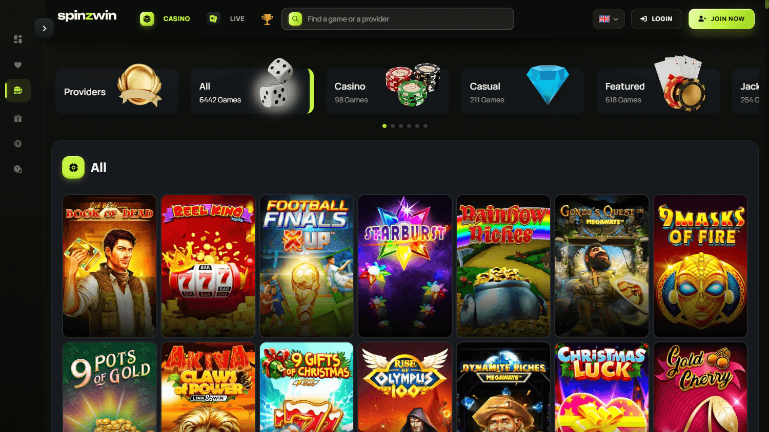 Spinzwin casino lobby website screenshot