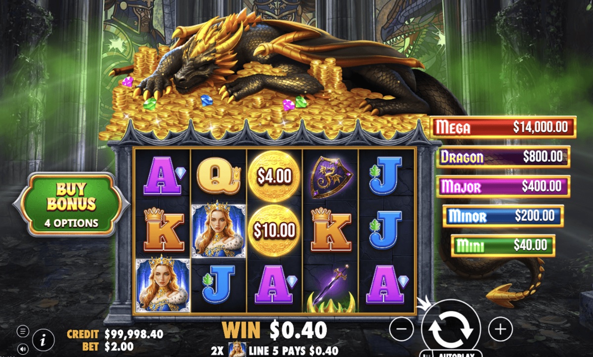 A black and golden dragon presides over a mountain of gold coins