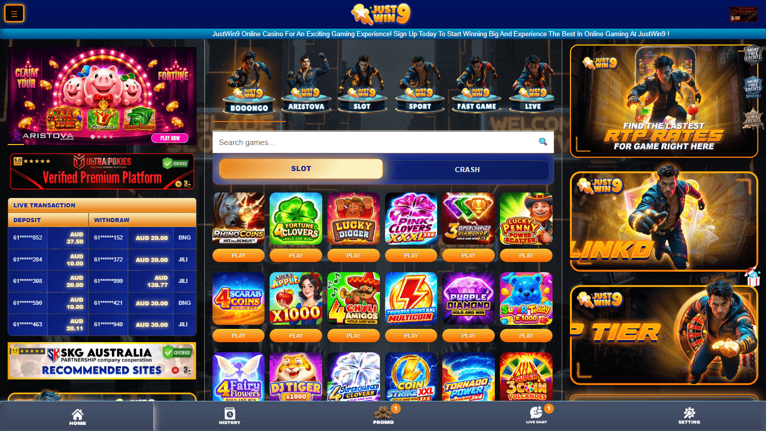 justwin9_casino_homepage_desktop