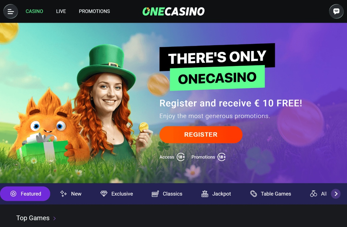 Banner for OneCasino showing a red headed woman wearing a green top hat and holding a OneCasino coin, advertising the €10 no deposit offer.