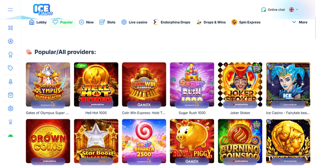 Screenshot of IceCasino’s popular slots page featuring the original Royal Piggy: Hold the Spin slot game