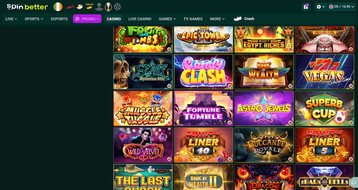 Screenshot of SpinBetter’s homepage featuring the Book of Wealth slot game in a block grid surrounded by other popular games like Epic Tower, 777 Vegas Showtime and Astro Jewels