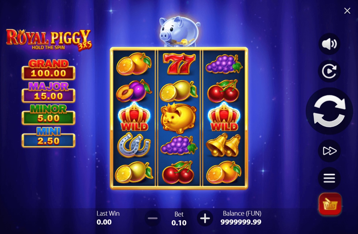 Royal Piggy: Hold the Spin slot game in action featuring Wild, 77s, lemons, cherries, grapes and a transparent piggy bank at the top of the board half filled with coins