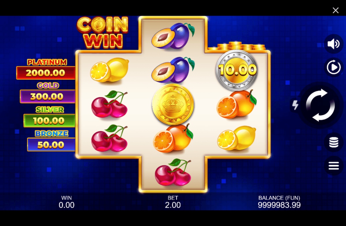 Coin Win: Hold the Spin slot game in progress featuring plums, cherries, lemons, a giant gold coin in the middle and a silver 10.00 coin
