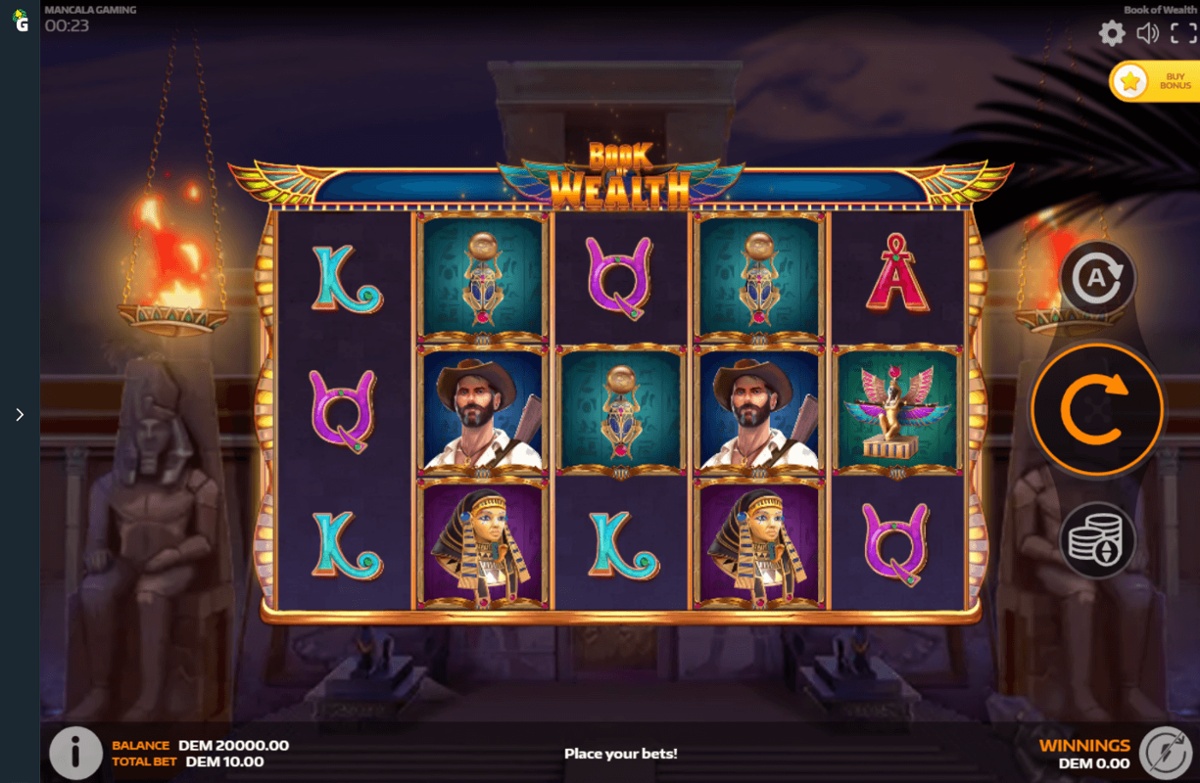 Book of Wealth slot game in progress featuring Egyptian stylised K, Q and A symbols along with an intrepid male explorer and female Pharaoh icons.