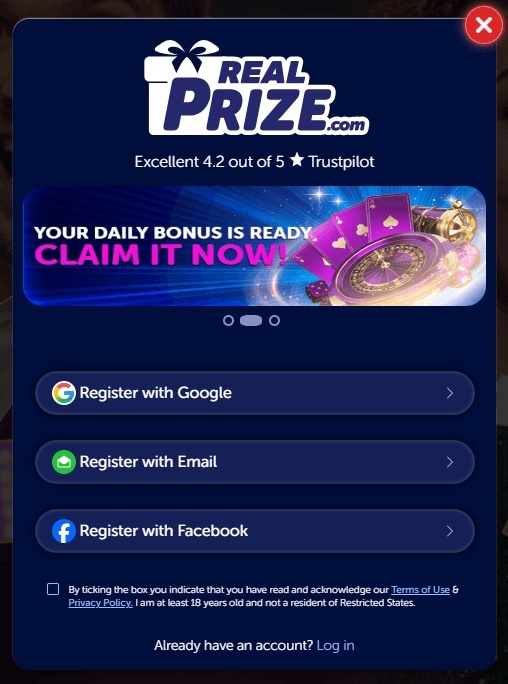 Real Prize sign up form