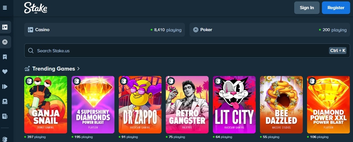 Stake.us iPhone casino lobby showing the search bar and trending slots section