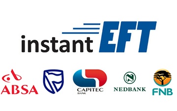 Instant EFT logo accepted at Absa, Standard Bank, Capitec, Nedbank, and FNB