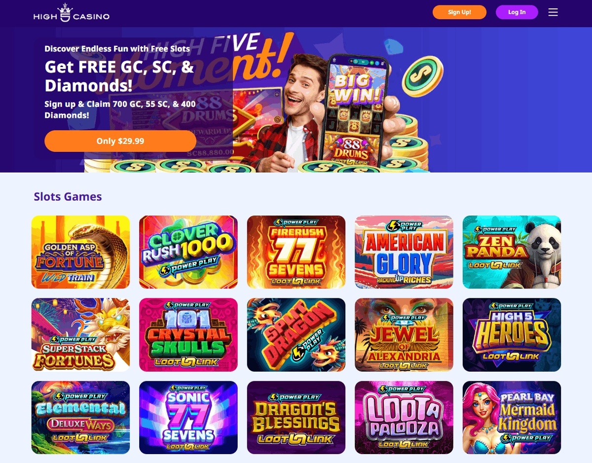 High 5 Casino homepage showing a $29.99 offer for 700 GC, 55 SC, and 400 Diamonds above a grid of slot games.
