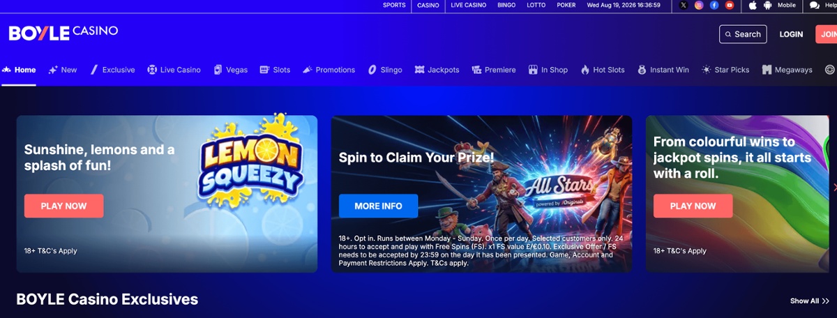 BOYLE Casino's homepage showing current promotions, one of the casinos where PaysafeCard players can access exclusive offers.