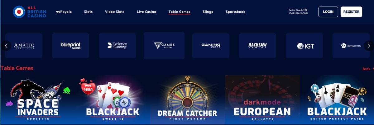 All British Casino games lobby showing table games and providers