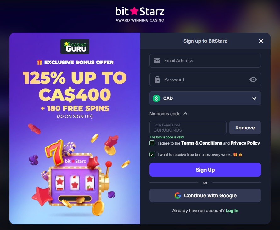 Use BitStarz bonus code GURUBONUS for an exclusive no deposit bonus and match offer in Canada