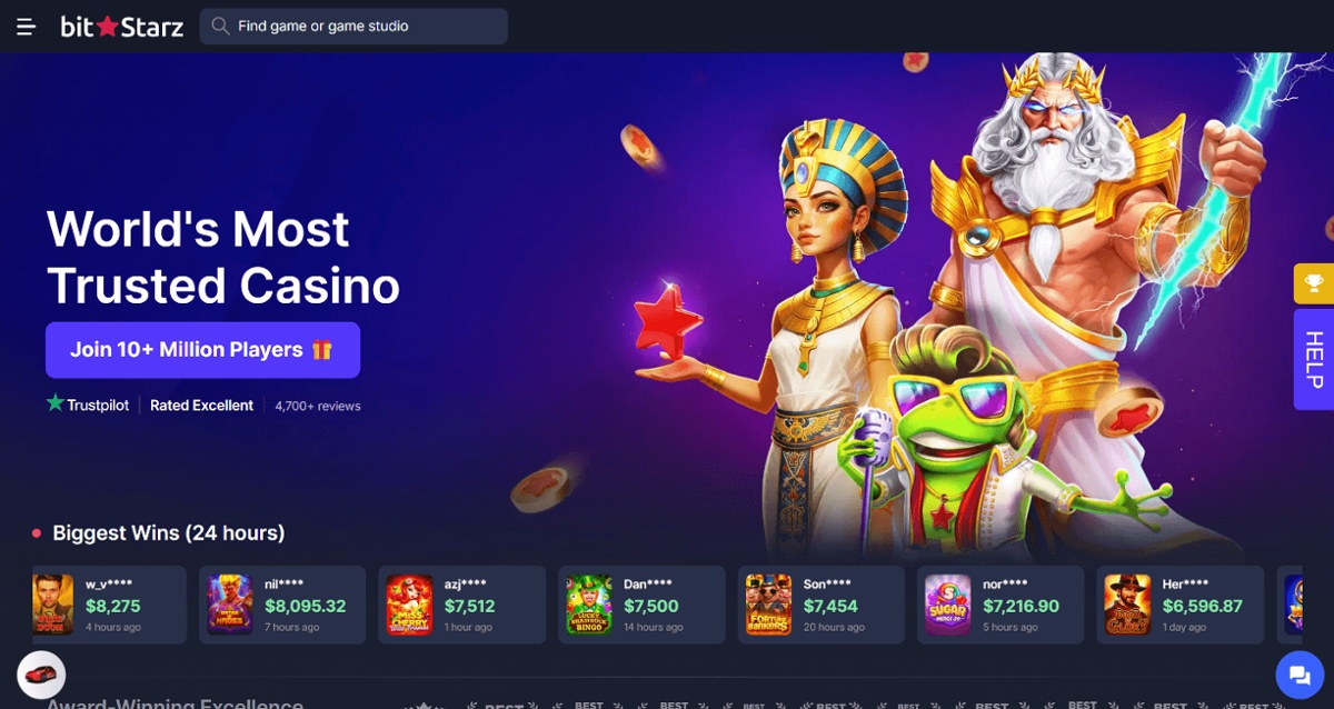 Screenshot of BitStarz homepage featuring characters from popular slot games like a Greek God from Gates of Olympus, Elvis Frog and an Egyptian Queen.