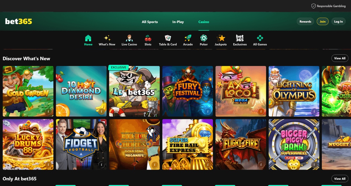 Screenshot of Bet365’s homepage showcasing their What’s new grid with games like 10 Hot Diamond Desire, Fury Festival, Leprechaun’s Gold Garden and an exclusive title, Le Bet365.