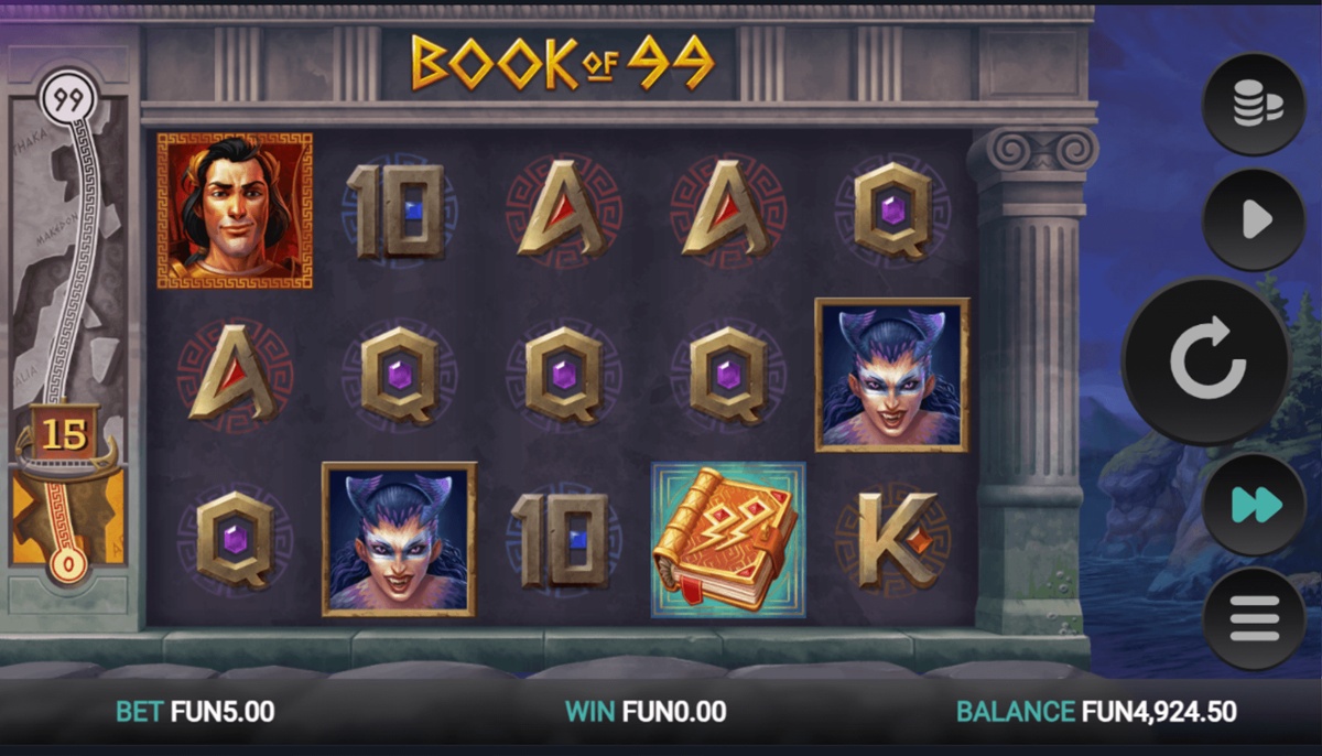 Screenshot of the slot game Book of 99 showing the game in progress. The board has the golden Book of 99, Greek-stylised 10, A and Q symbols, Harpies, as well as a ship on the left-hand side, counting up to 99.
