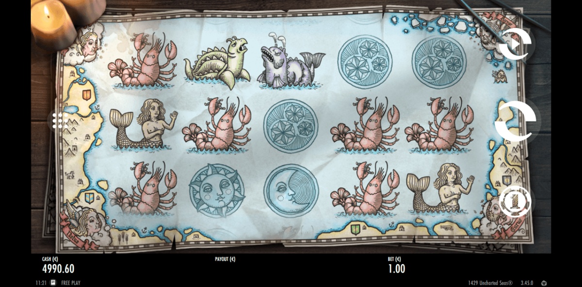 1429 Uncharted Seas in progress. The board looks like a map on a wooden table with candles holding down the corners. The game features hand-drawn mermaids, moon and sun talismans, and traditional-looking sea monsters