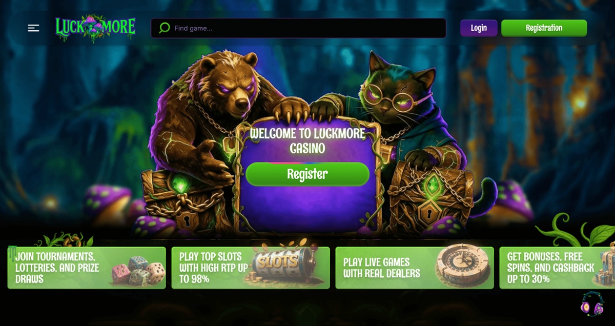 Screenshot showing the LuckMore homepage with a grizzly bear and cat with glasses mascots holding a sign with Register in the banner