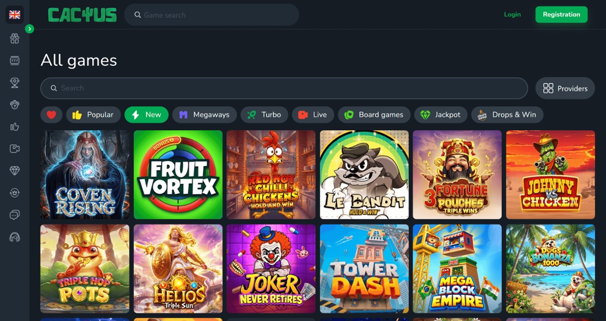 Screenshot of Cactus Casino's New Games slot list. Featuring games like Helios Triple Sun, Mega Block Empire, Fruit Vortex and Coven Rising